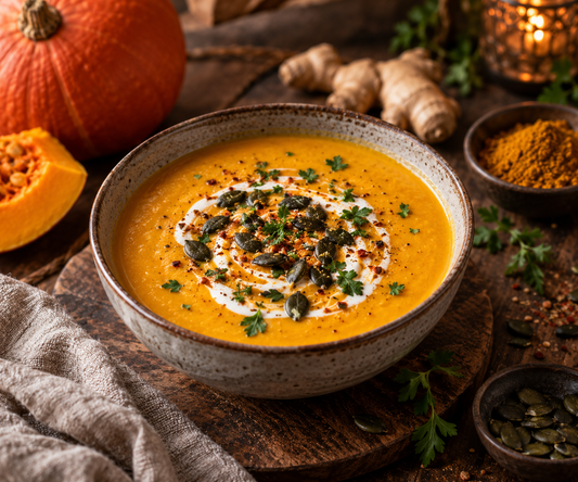 Kürbissuppe auf schönem herbstlichen Tisch