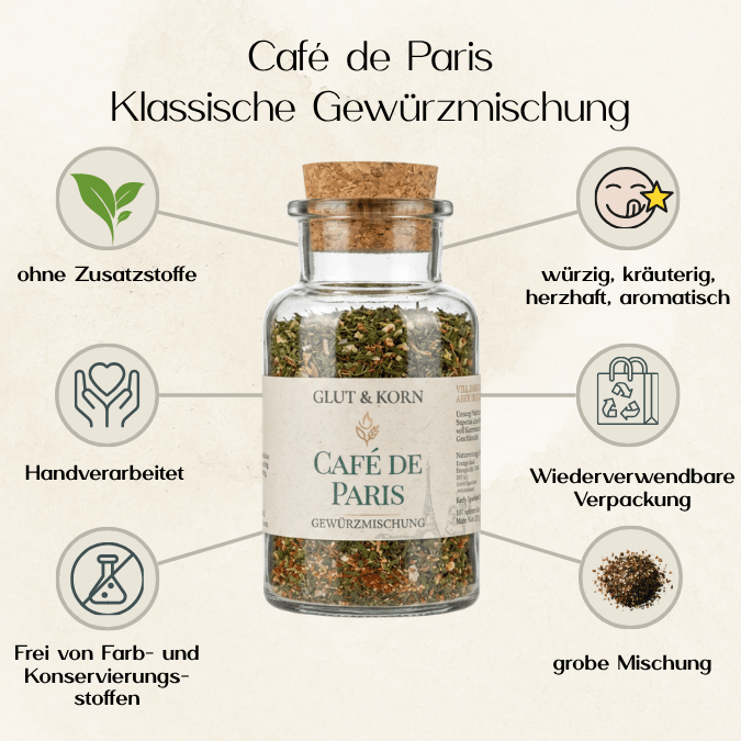 Vorteile von Café de Paris klassische Gewürzmischung für Soßen und Dip und zum Verfeinern von Gemüse und Fleisch, 110g, Ritualmanufaktur Glut & Korn
