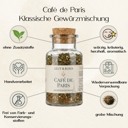 Vorteile von Café de Paris klassische Gewürzmischung für Soßen und Dip und zum Verfeinern von Gemüse und Fleisch, 110g, Ritualmanufaktur Glut & Korn