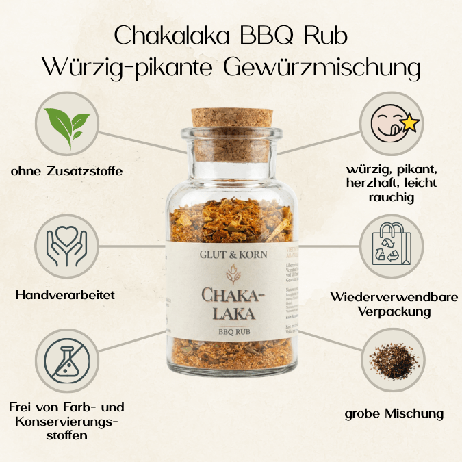 Vorteile von Chakalaka Gewürzmischung, BBQ Rub perfekt für ein Dry Rub mit Fleisch, Gemüse oder Alternativen, 130g, Ritualmanufaktur Glut & Korn
