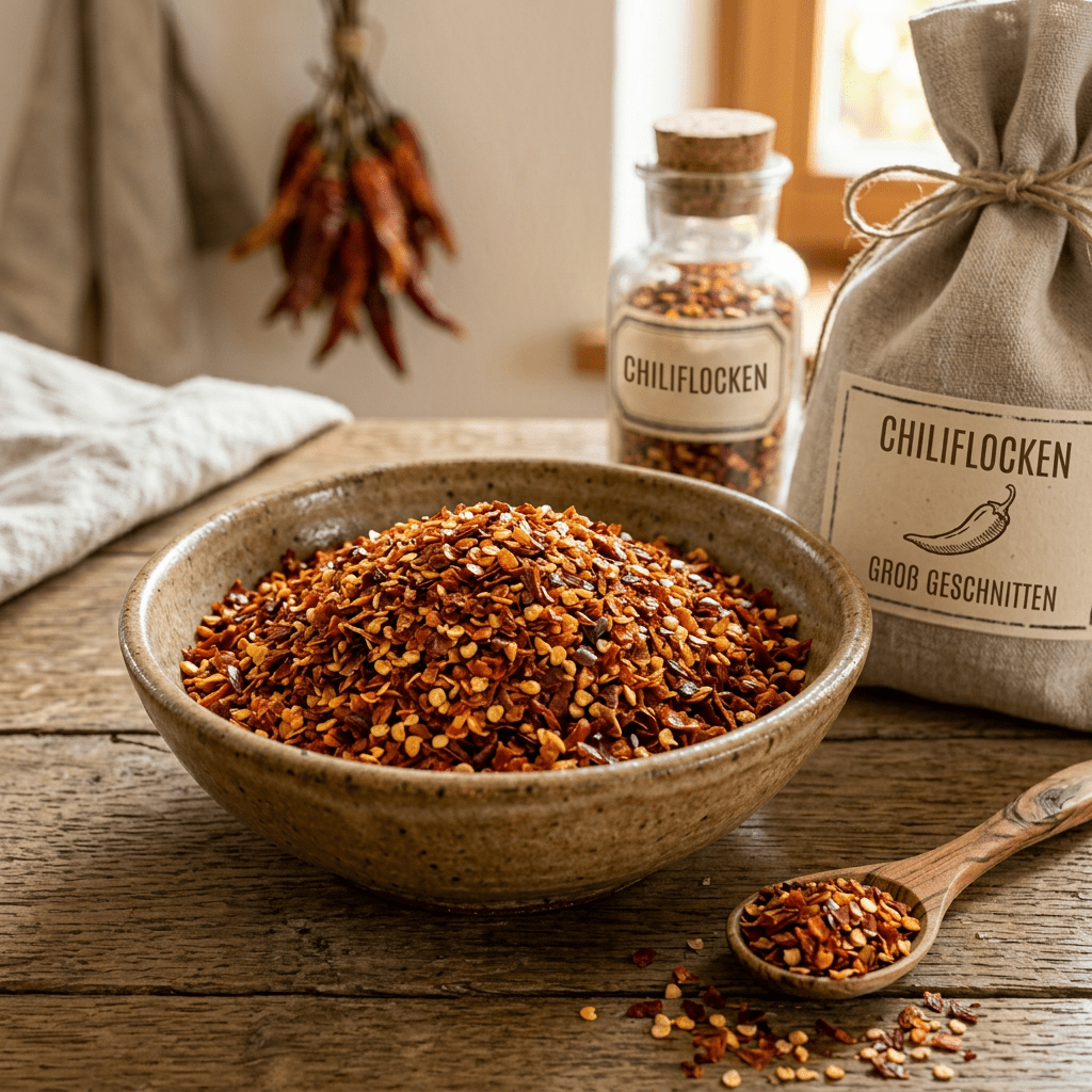 Nahaufnahme von Chili Flocken aus Tunesien, im Glas 50 g, zum Würzen und Schärfen - Ritualmanufaktur.de