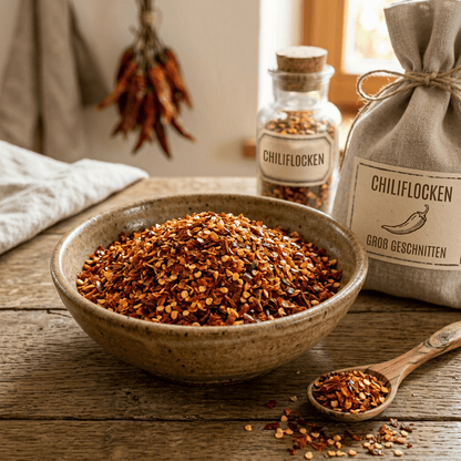 Nahaufnahme von Chili Flocken aus Tunesien, im Glas 50 g, zum Würzen und Schärfen - Ritualmanufaktur.de