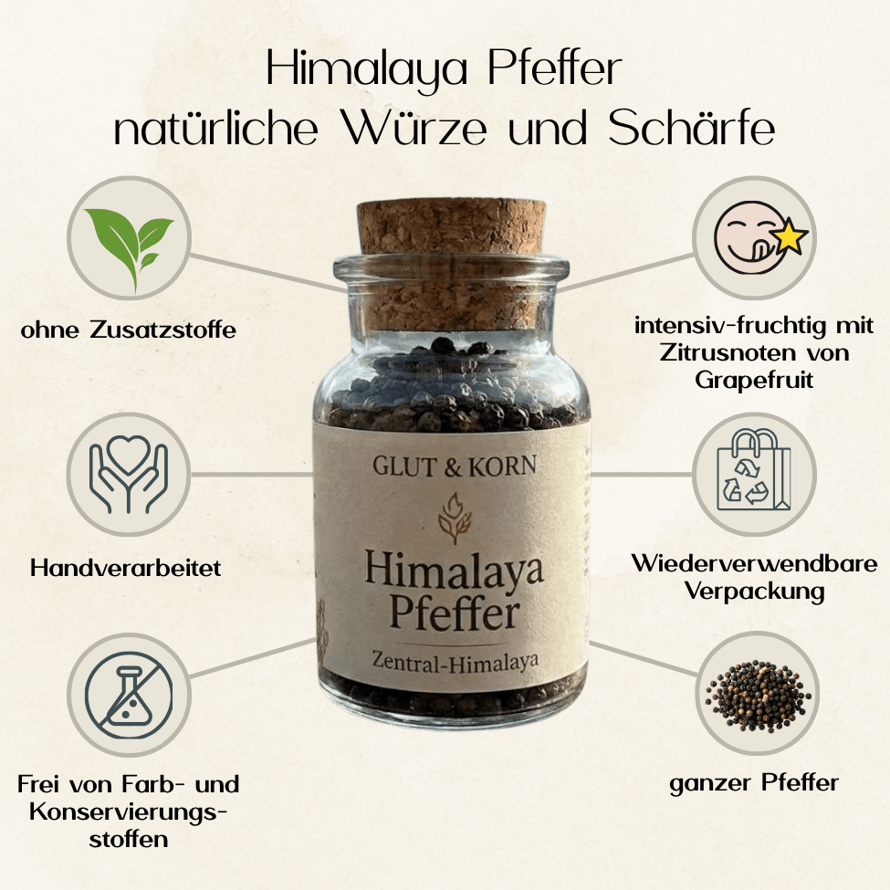Vorteile Himalaya Pfeffer, zum Würzen und Schärfen von Speisen und Zeremoniekakao, Ritualmanufaktur Glut & Korn