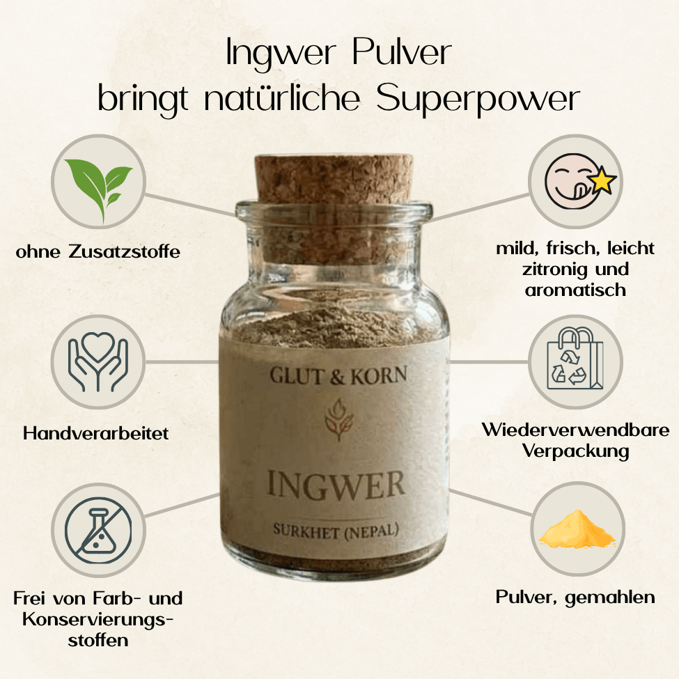 Vorteile vom Ingwerpulver, zum Würzen von Speisen, bringt natürliche Power, Ritualmanufaktur, Glut & Korn