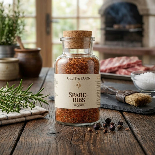 Spareribs BBQ Gewürz, BBQ Rub, zur Verwendung als Marianne für Fleisch, Tofu oder Gemüse, für ein besonderes Grillerlebnis, 140g, Ritualmanufaktur.de Glut & Korn