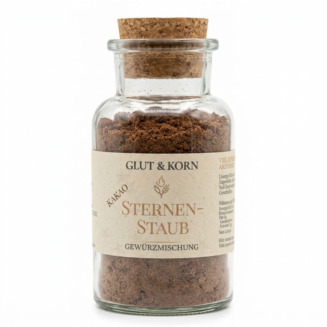 Nahaufnahme Sternenstaub Kakao Gewürzmischung - 100g, als Topping für Kakao oder Kaffee, auch passend zu warmen Getränken oder Gebäck, Ritualmanufaktur.de Glut & Korn