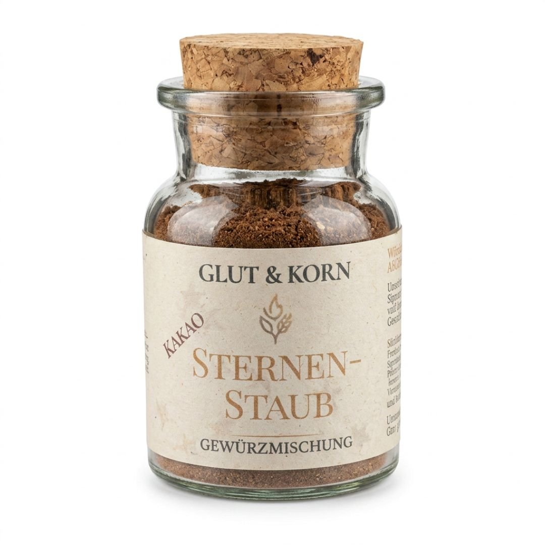 Nahaufnahme Sternenstaub Kakao Gewürzmischung - 50g, als Topping für Kakao oder Kaffee, auch passend zu warmen Getränken oder Gebäck, Ritualmanufaktur.de Glut & Korn
