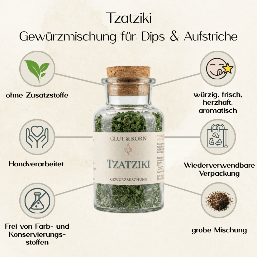 Vorteile von Tzatziki Gewürzmischung, für Tzatziki und herzhaft Dip, griechisch, Ritualmanufaktur, Glut & Korn